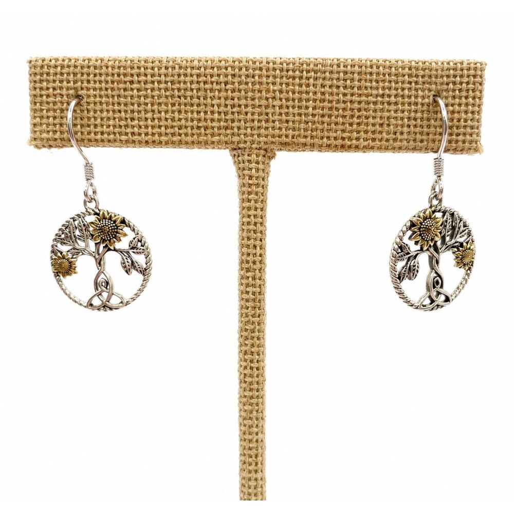 Sterling Silver 925 Sunflower Tree of Life Celtic Knot Dangle Earrings - Picture 5 of 5